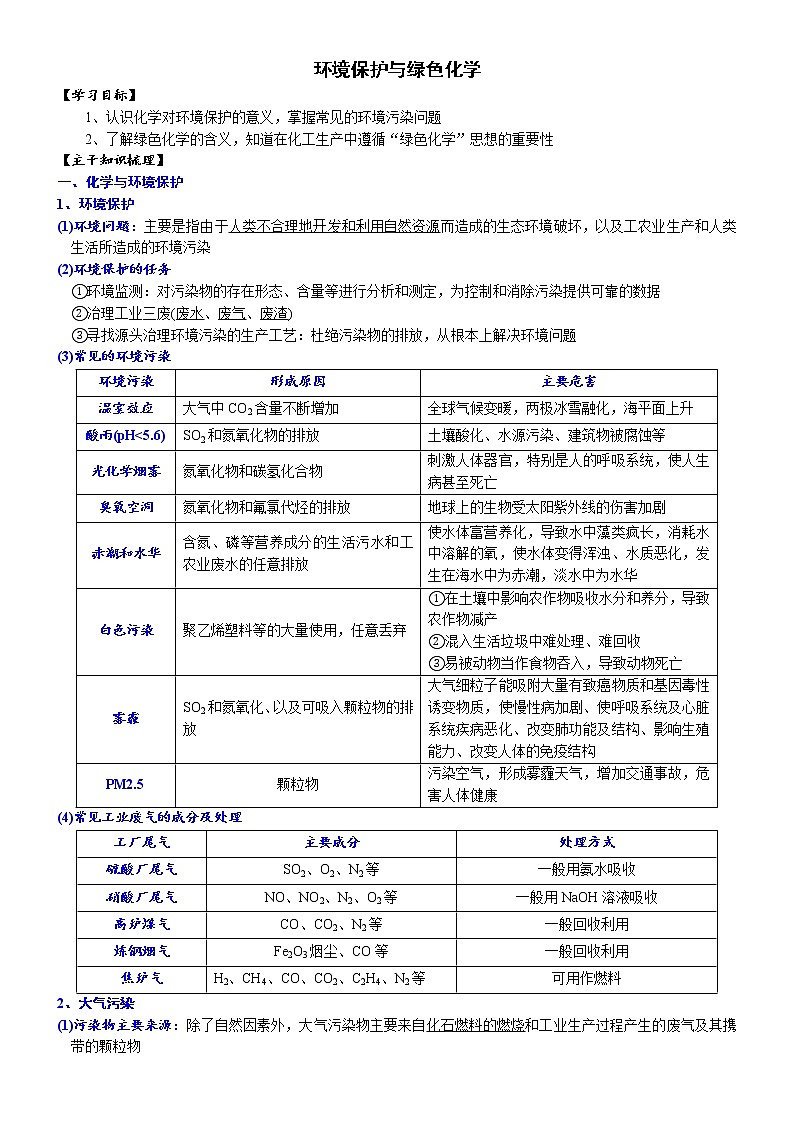高中化学必修2 课时8.3 环境保护与绿色化学高一化学精品讲义第1页
