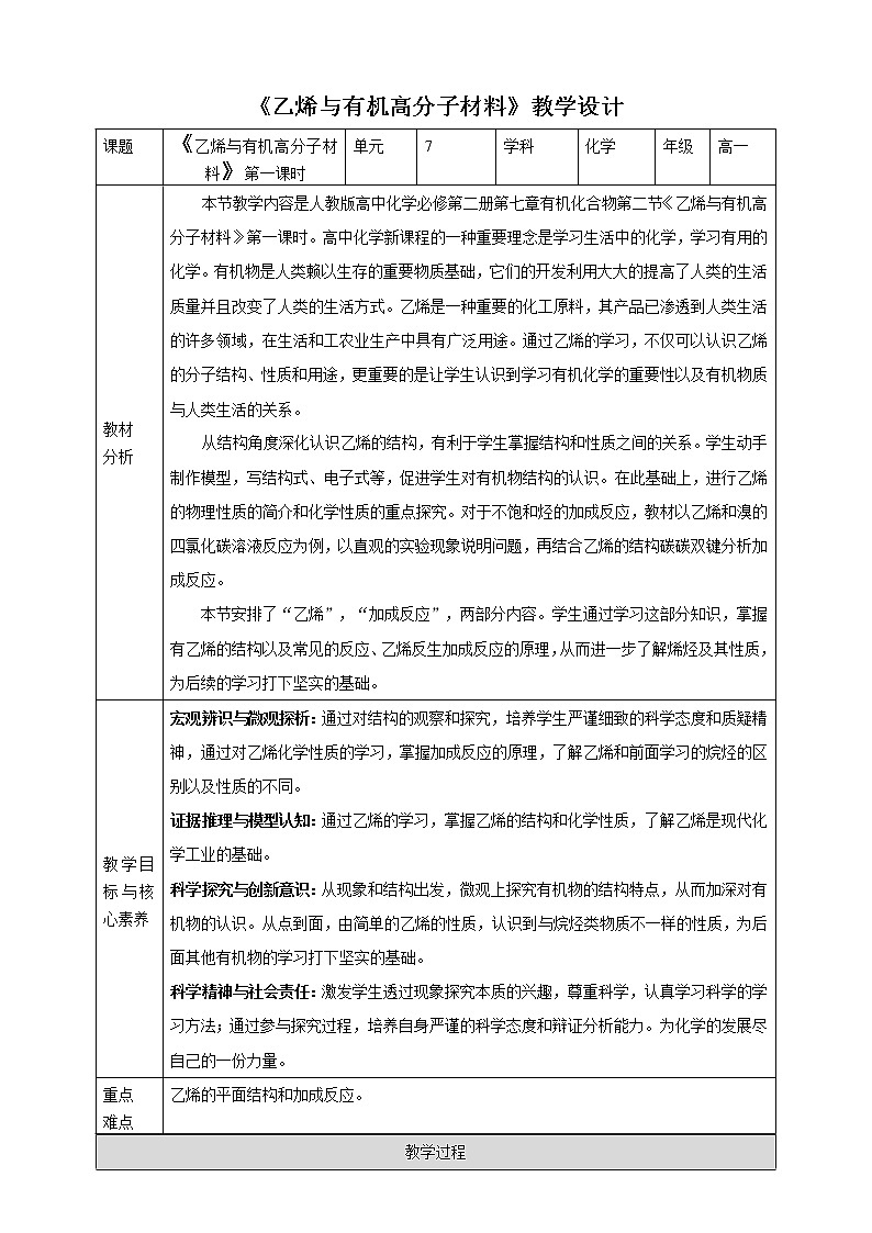 高中化学必修2 乙烯与高分子材料第一课时第1页
