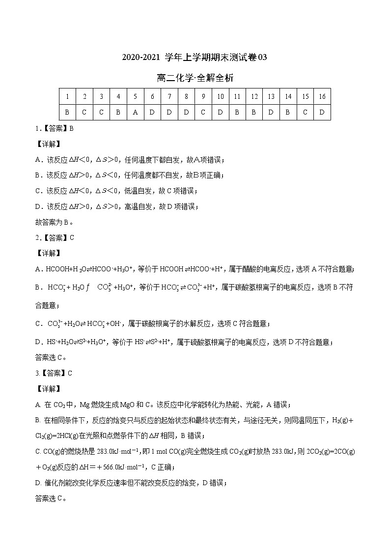 高中化学选择性必修一 2020-2021学年高二化学上学期期末测试卷03（）（全解全析）第1页