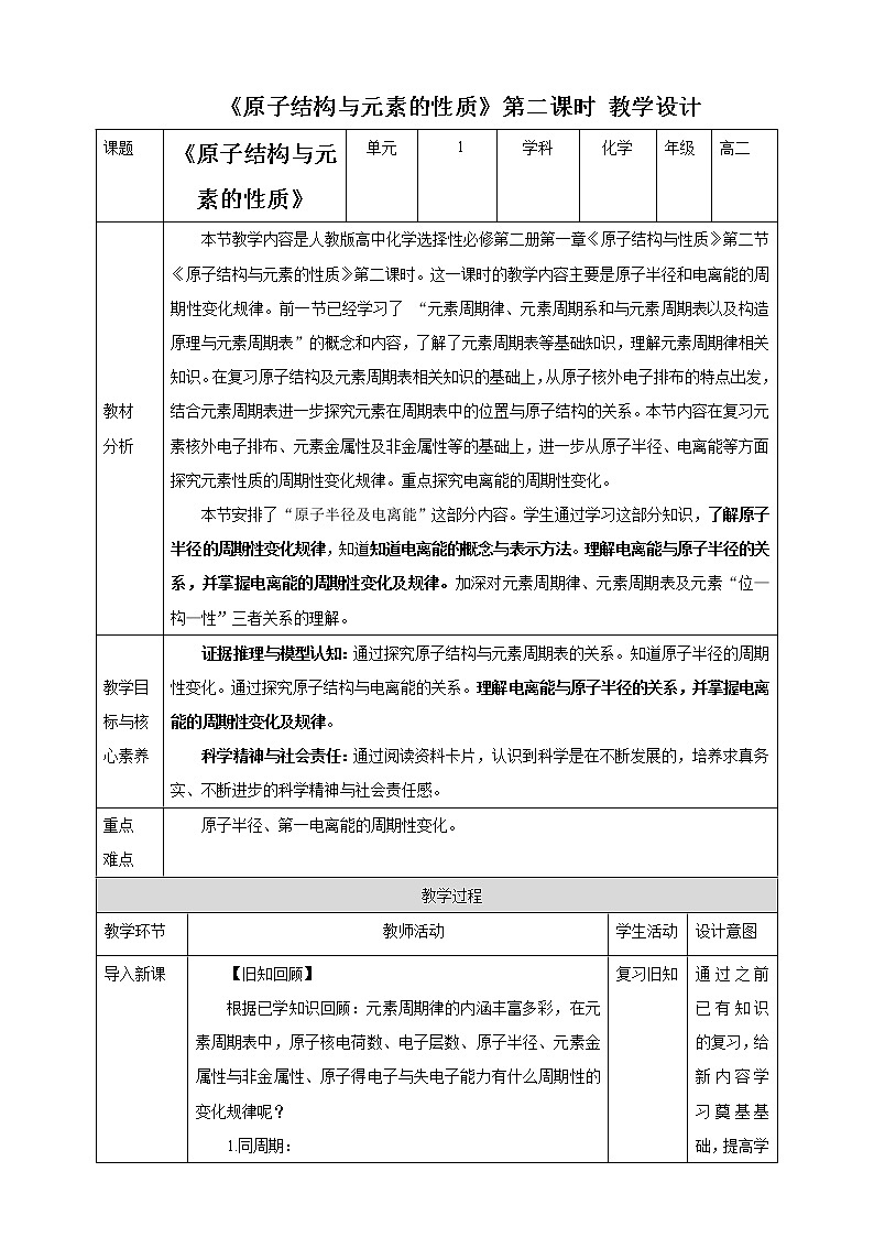 高中化学选择性必修二  1.2.2 原子结构与元素周期律 第二课时 教案01