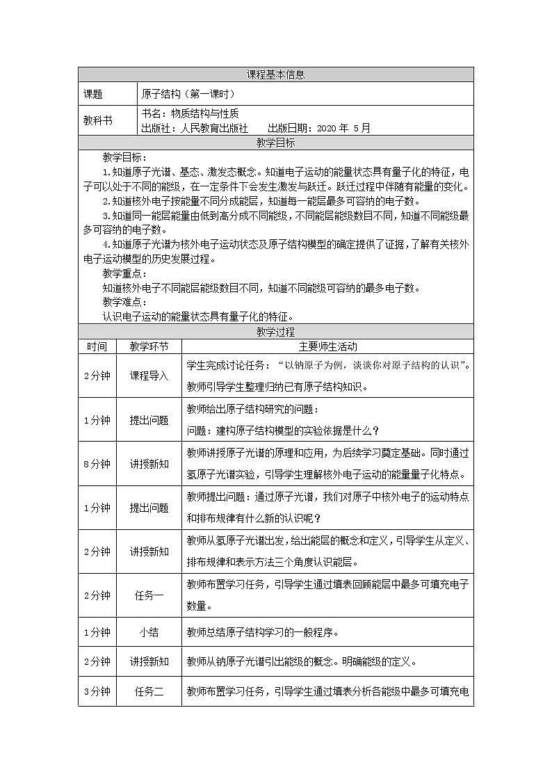 高中化学选择性必修二  原子结构（第一课时）教学设计第1页