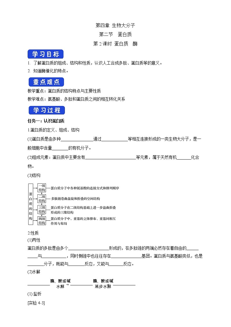 高中化学选择性必修三 4.2.2 蛋白质 酶学案下学期（原卷版）01
