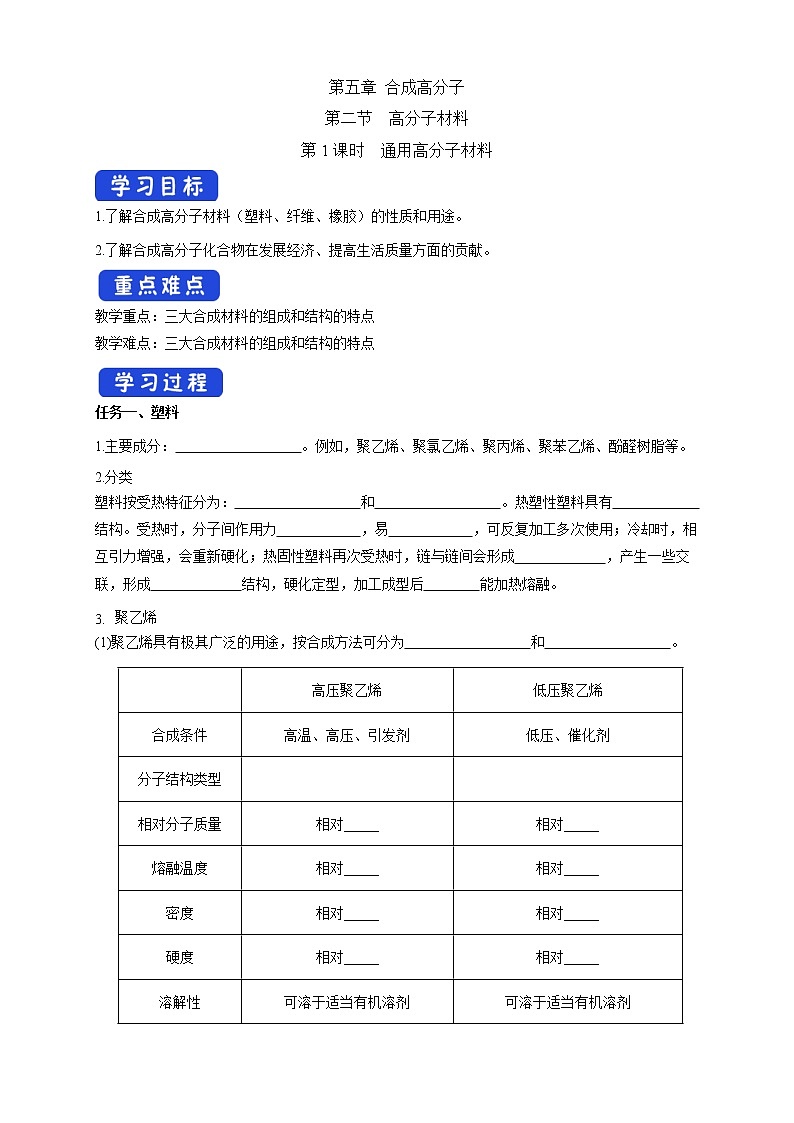 高中化学选择性必修三 5.2.1 通用高分子材料学案下学期（原卷版）01