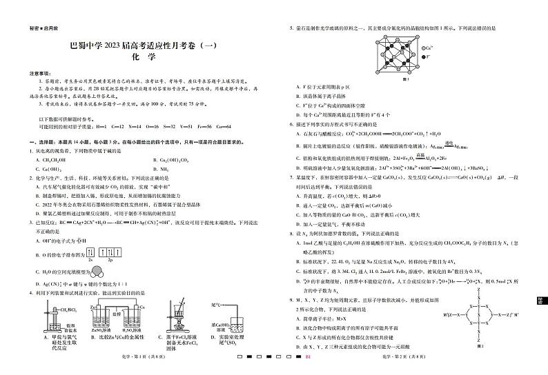 巴蜀中学2023届高考适应性月考卷（一）化学-试卷第1页