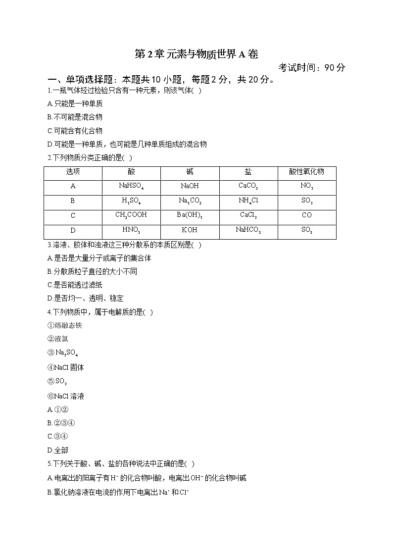 高一化学鲁科版（2019）必修第一册单元达标测试卷 第2章 元素与物质世界 A卷第1页