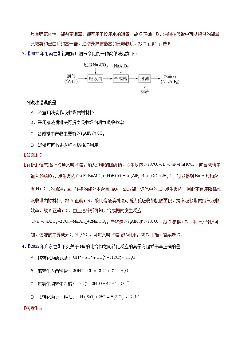 十年（2013-2022）高考化学真题分项汇编（全国通用）专题15  钠、镁、铝及其化合物（教师版）第2页