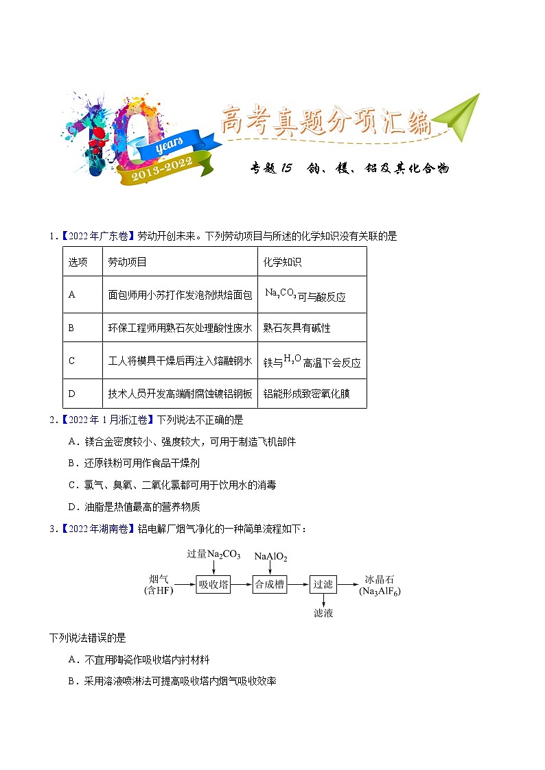 十年（2013-2022）高考化学真题分项汇编（全国通用）专题15  钠、镁、铝及其化合物（学生版）第1页