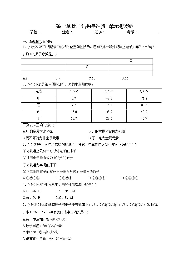 2022-2023学年人教版（2019）选择性必修二第一章 原子结构与性质   单元测试卷(word版含答案)第1页