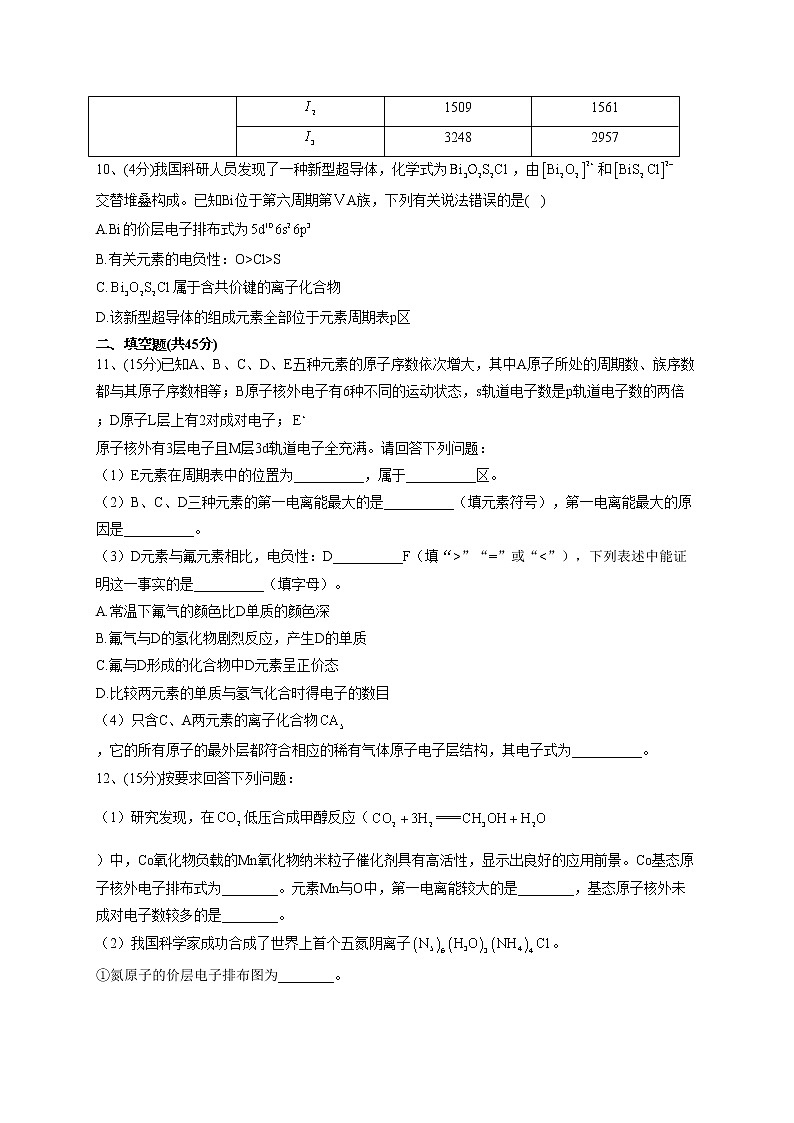 2022-2023学年人教版（2019）选择性必修二第一章 原子结构与性质   单元测试卷(word版含答案)第3页