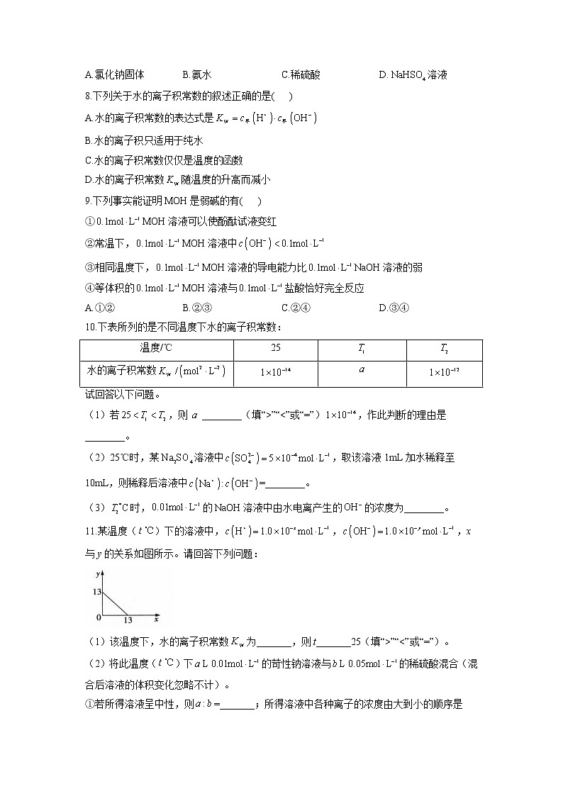 鲁科版高中化学选择性必修一第3章第1节水与水溶液（第1课时）作业含答案02