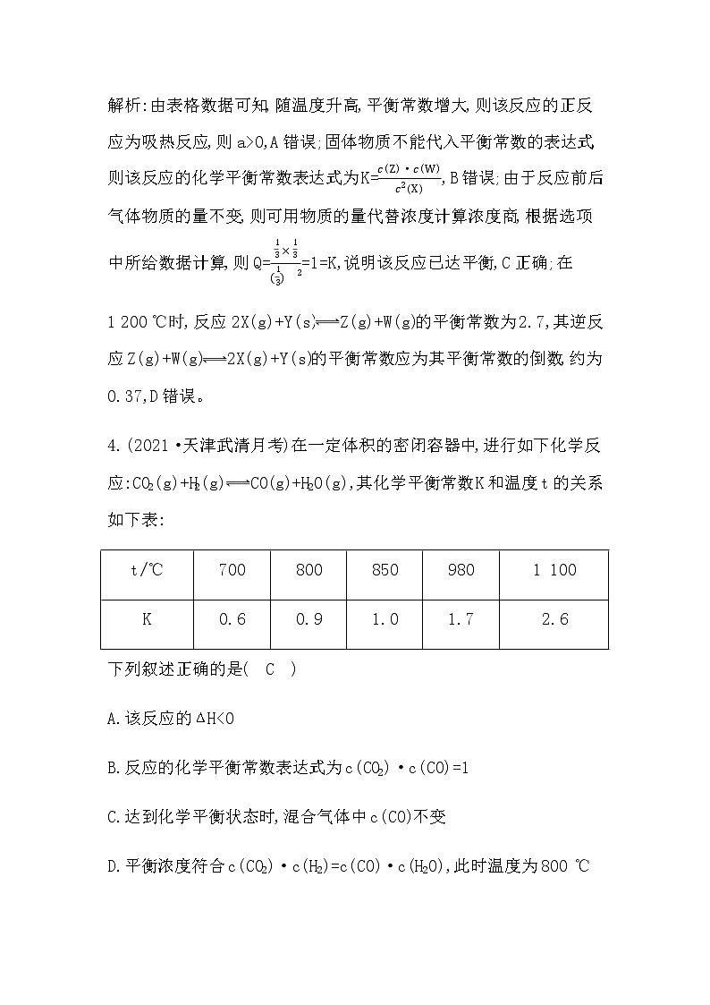 鲁科版高中化学选择性必修1第2章第2节第1课时化学平衡常数作业含答案第3页