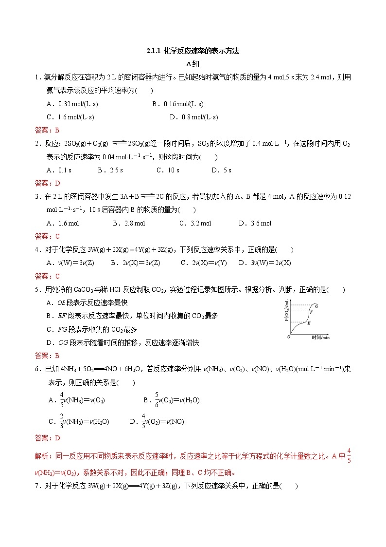 高中化学苏教版选修一 2.1.1 化学反应速率的表示方法 作业（原卷+解析卷）01