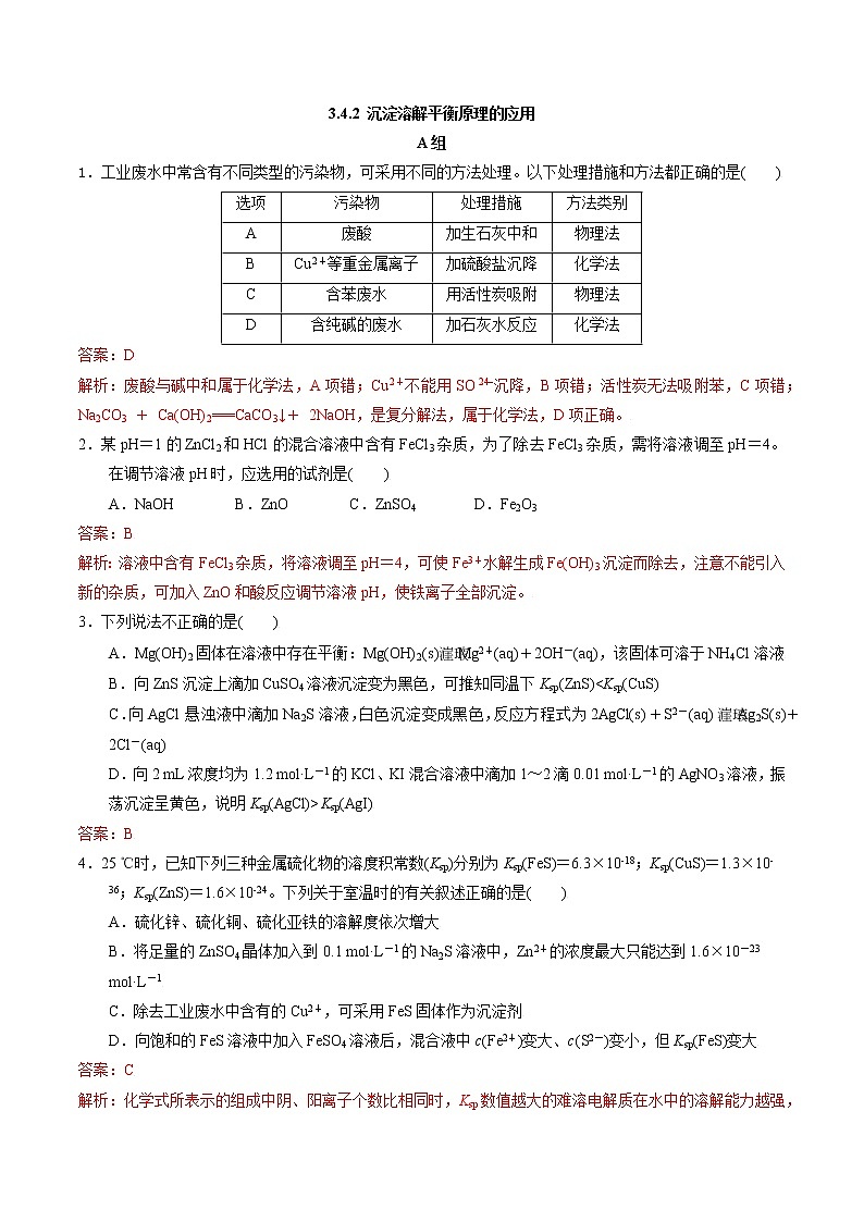 高中化学苏教版选修一 3.4.2 沉淀溶解平衡原理的应用 作业（原卷+解析卷）01
