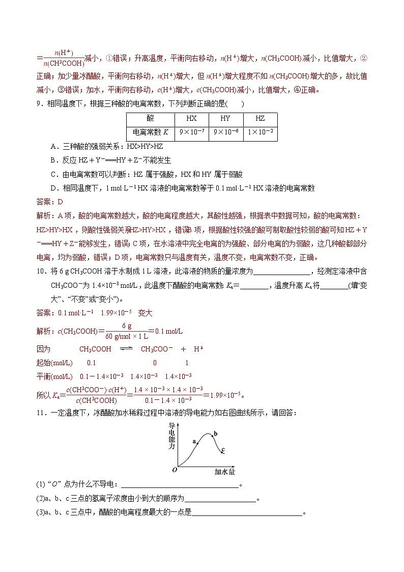 高中化学苏教版选修一 3.1.3 电离平衡常数 作业（原卷+解析卷）03