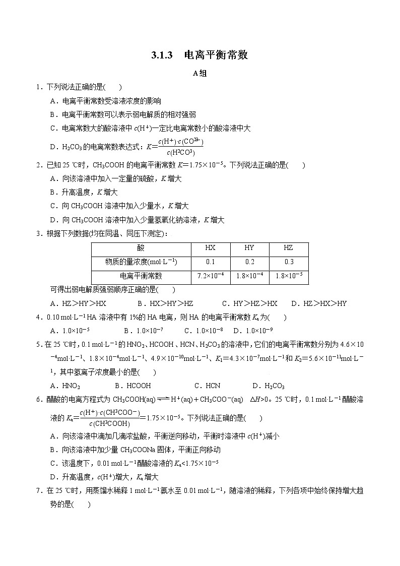 高中化学苏教版选修一 3.1.3 电离平衡常数 作业（原卷+解析卷）01
