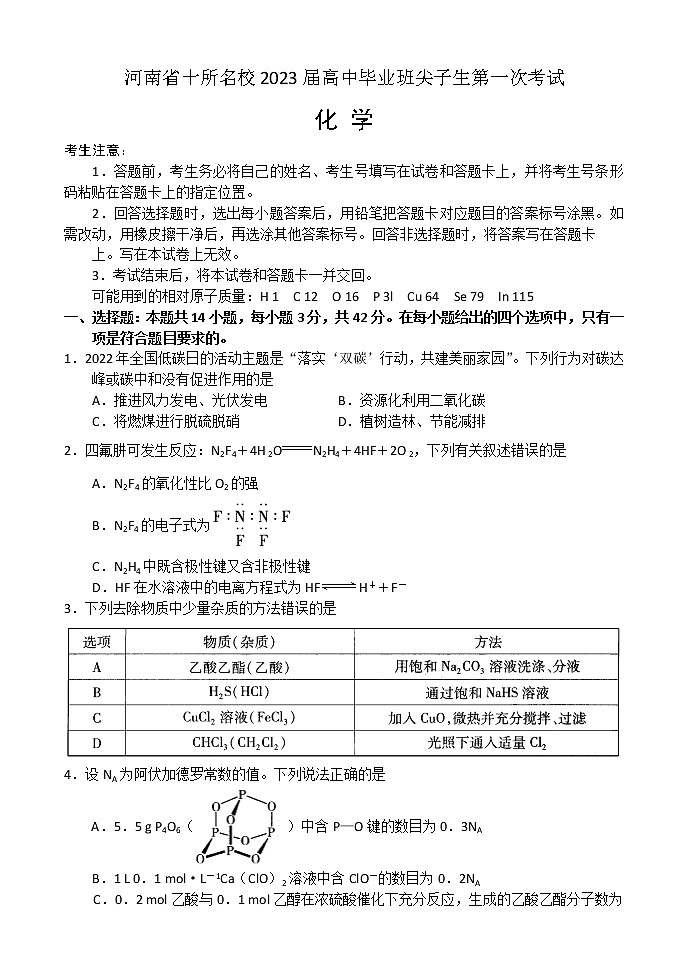 河南省十所名校2023届高中毕业班尖子生第一次考试——化学第1页