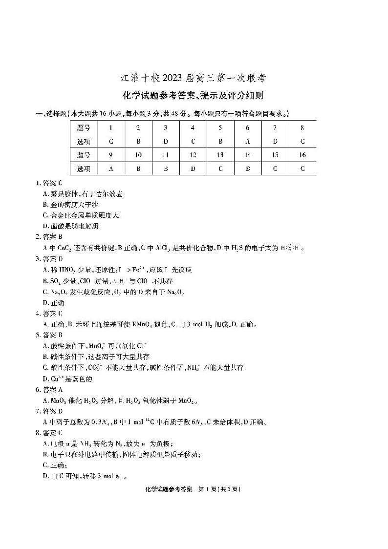 2023安徽省江淮十校高三上学期第一次联考试题（9月）化学PDF版含解析01