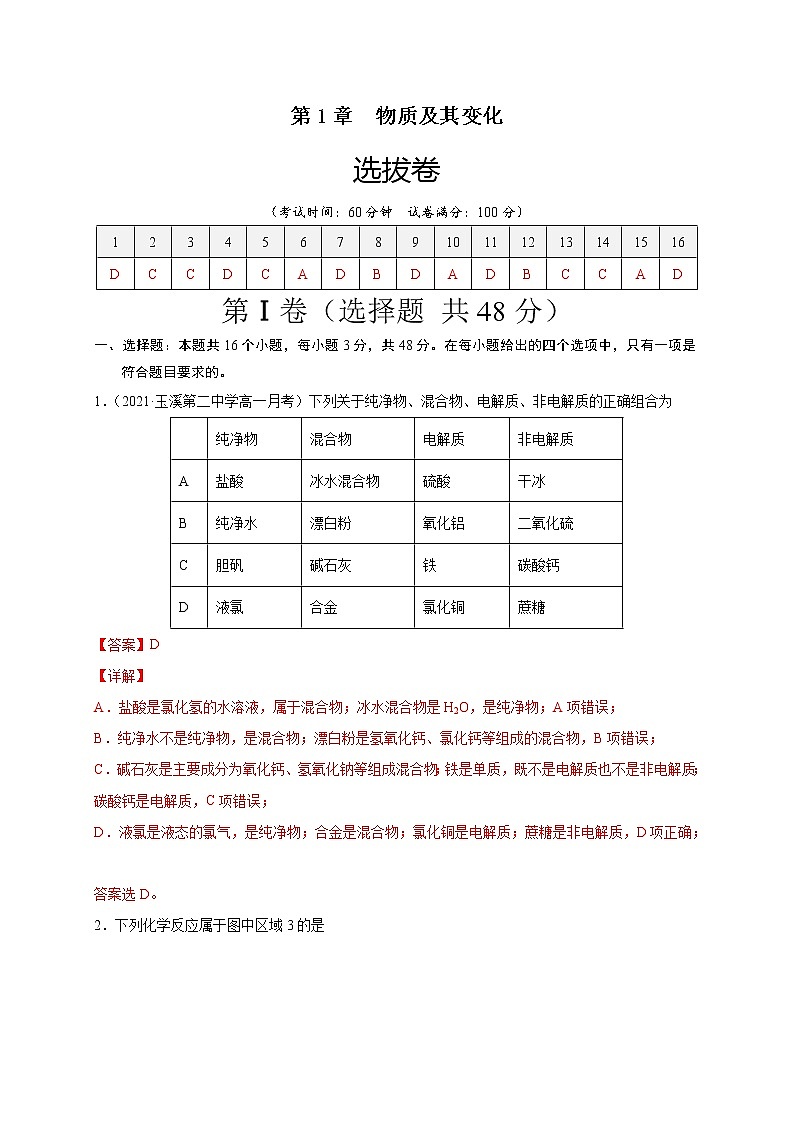 第1章 物质及其变化（选拔卷）-【单元测试】2022-2023学年高一化学尖子生选拔卷（人教版2019必修第一册）01