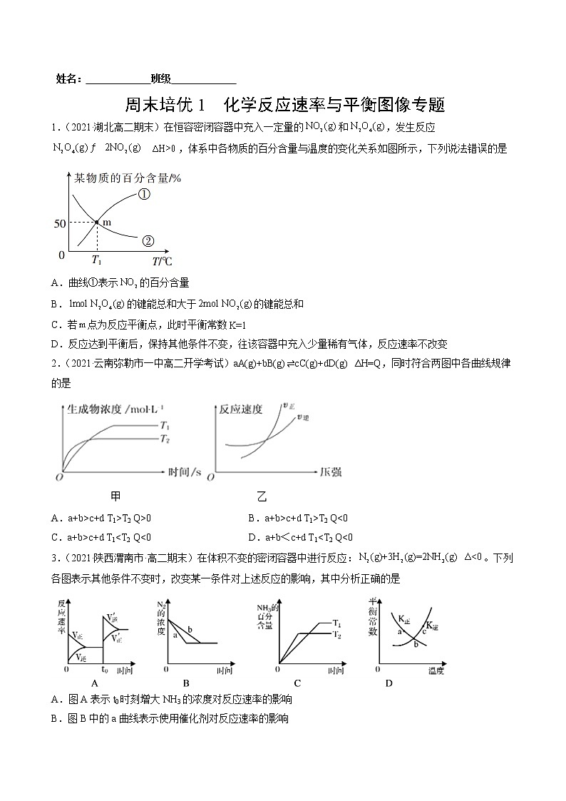 周末培优1 化学反应速率与化学平衡图像问题-2022=2023学年高二化学课后培优练（人教版选修1）01