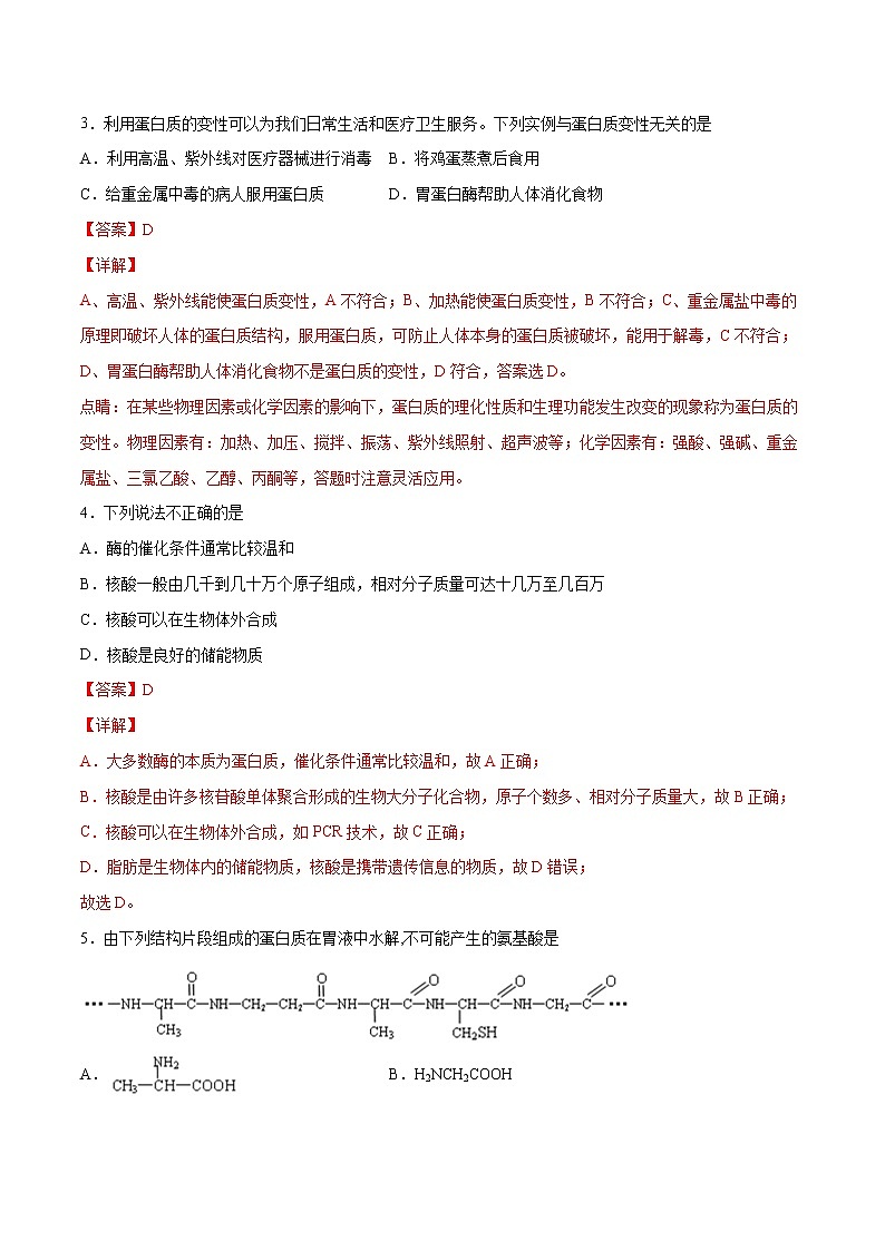 4.2+蛋白质（素养提优B练）-2022-2023学年高二化学课时过关提优AB练（人教版2019选择性必修3）02
