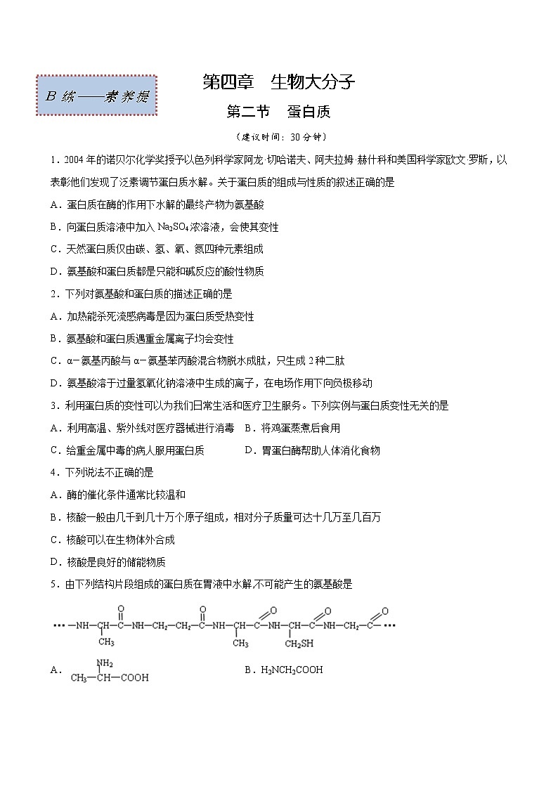 4.2+蛋白质（素养提优B练）-2022-2023学年高二化学课时过关提优AB练（人教版2019选择性必修3）01