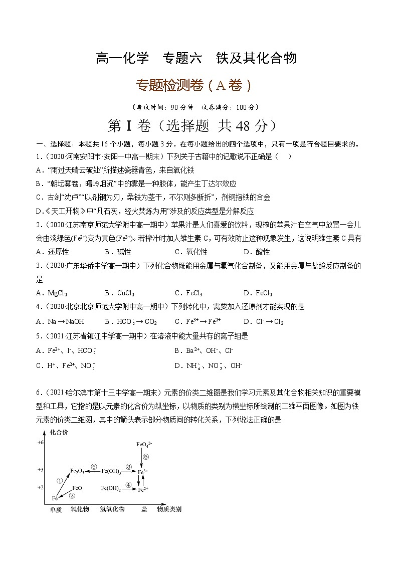 专题六铁及其化合物（A卷）-高一化学单元专题双测卷（人教版2019必修第一册）01