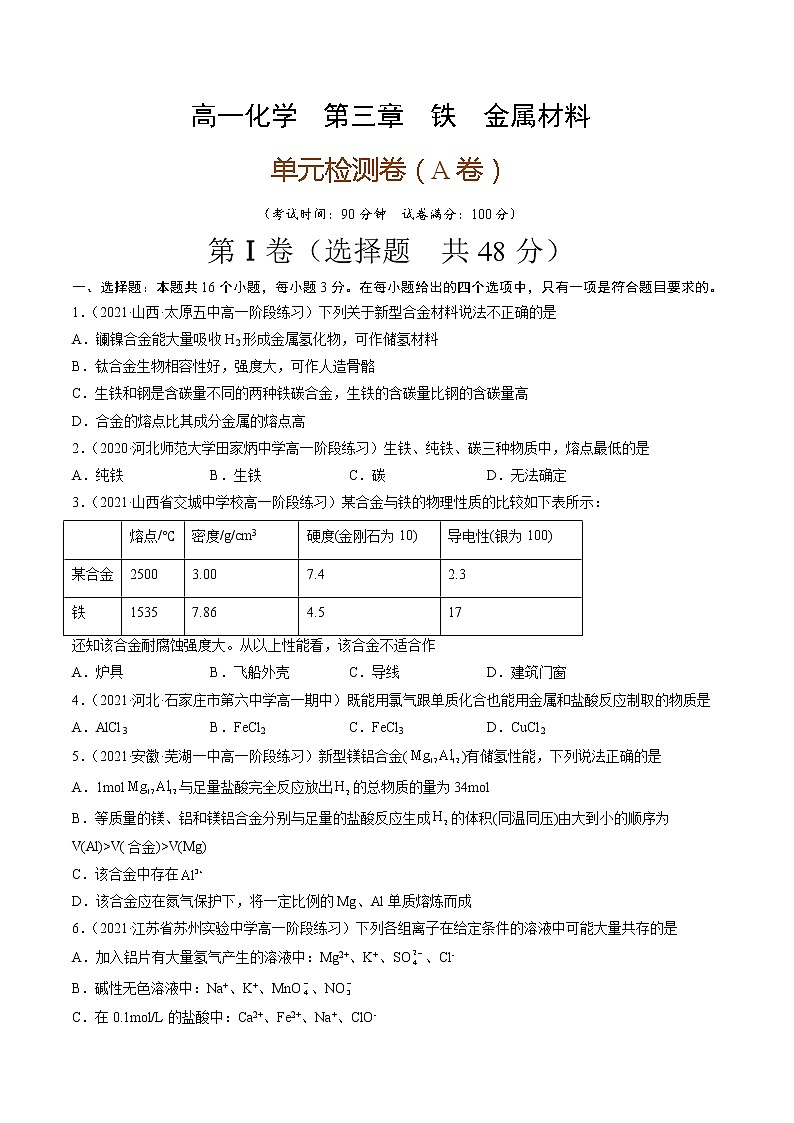 第三章 铁 金属材料（A卷）-2022-2023学年高一化学名校好题单元专题双测卷（人教版2019必修第一册）（原卷版）第1页