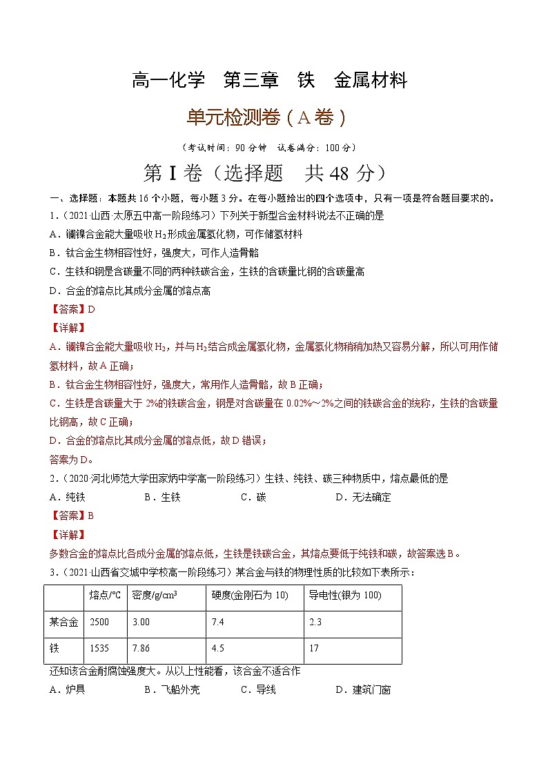 第三章 铁 金属材料（A卷）-2022-2023学年高一化学优选好题单元专题双测卷（人教版2019必修第一册）（解析版）第1页