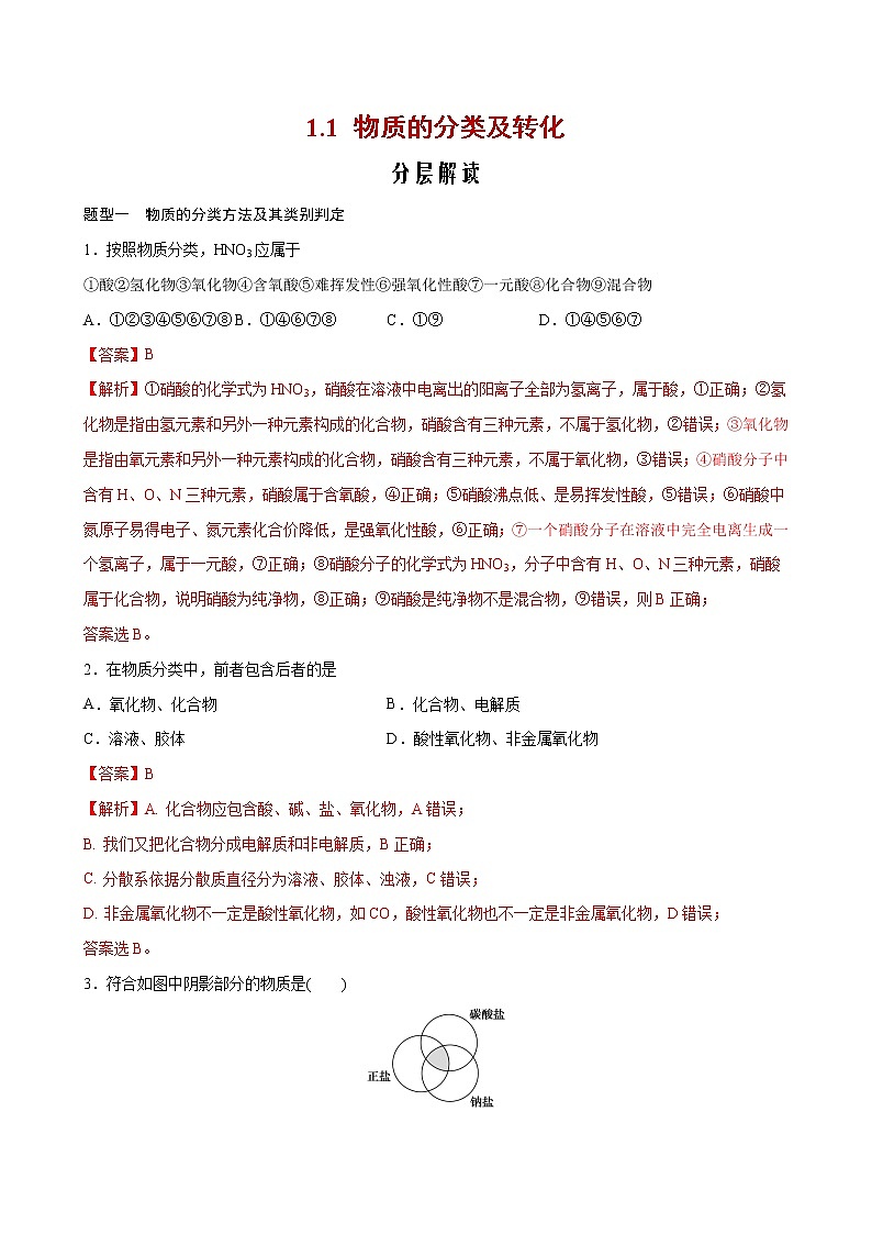 1.1 物质的分类及转化【分层解读】-2022-2023学年高一化学考点分层解读与综合训练（人教版2019必修第一册）（解析版）第1页