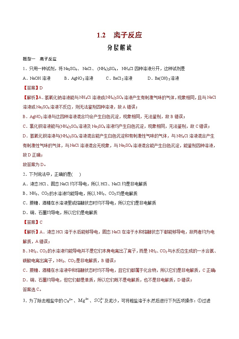 1.2+离子反应【分层解读】-2022-2023学年高一化学考点分层解读与综合训练（人教版2019必修第一册）01