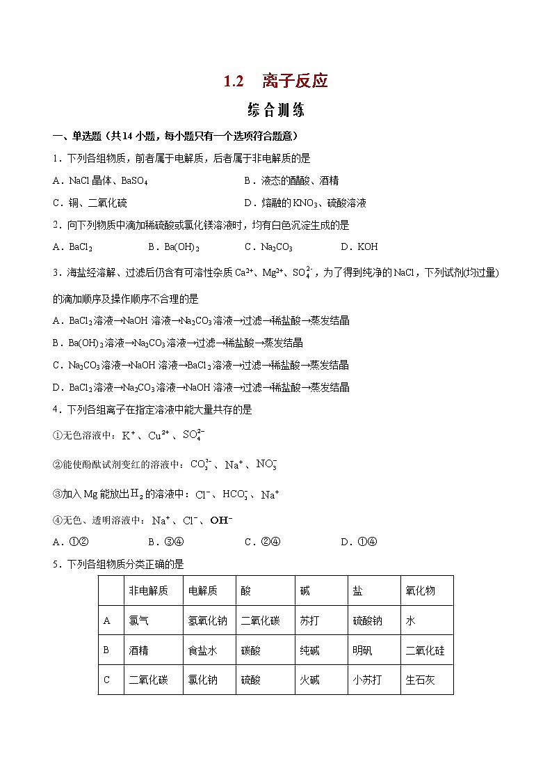 1.2+离子反应【综合训练】-2022-2023学年高一化学考点分层解读与综合训练（人教版2019必修第一册）01