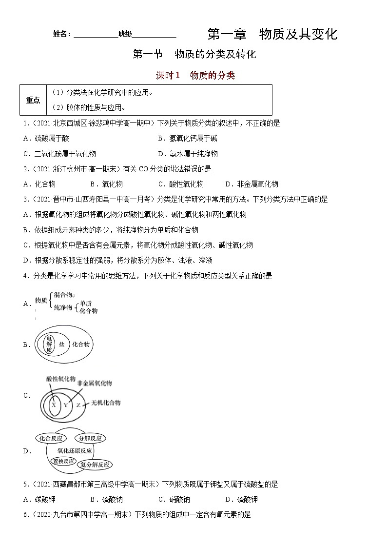 1.1.1 物质的分类-2022-2023学年高一化学课后培优练（人教版2019必修第一册）（原卷版）第1页