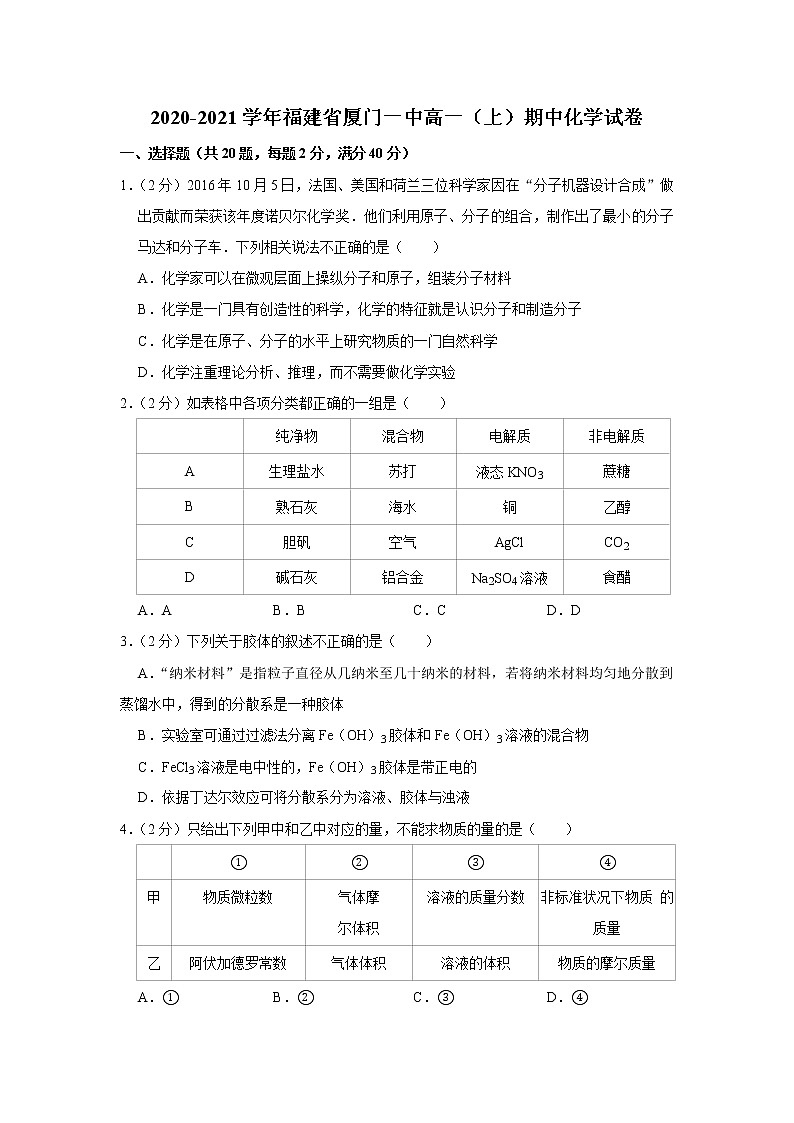 2020-2021学年福建省厦门一中高一（上）期中化学试卷01