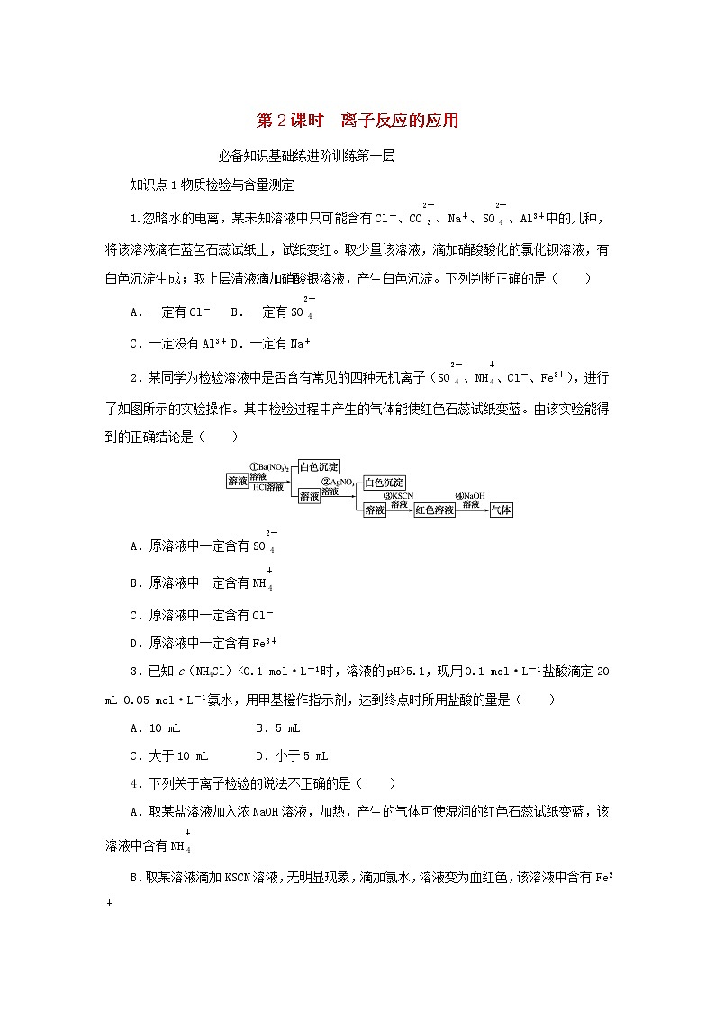 2023版新教材高中化学第3章物质在水溶液中的行为第4节离子反应第2课时离子反应的应用课时作业鲁科版选择性必修1第1页