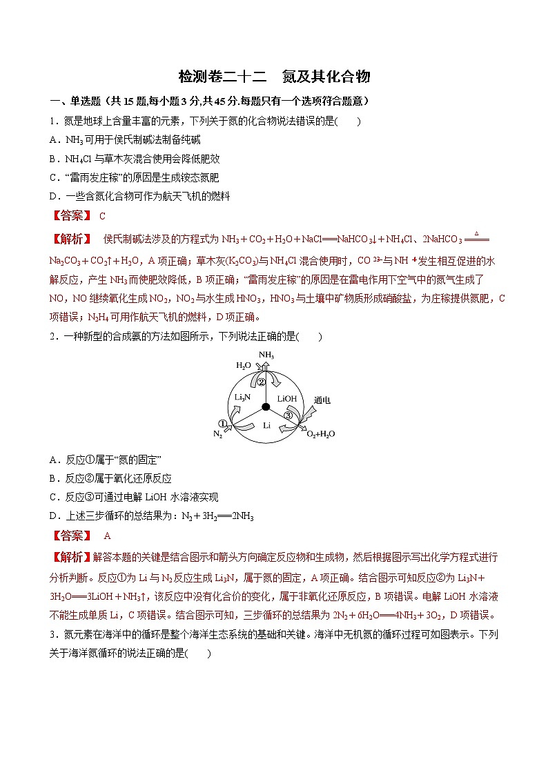 检测卷22 氮及其化合物-2023届高考一轮复习考点过关检测卷（解析版）第1页