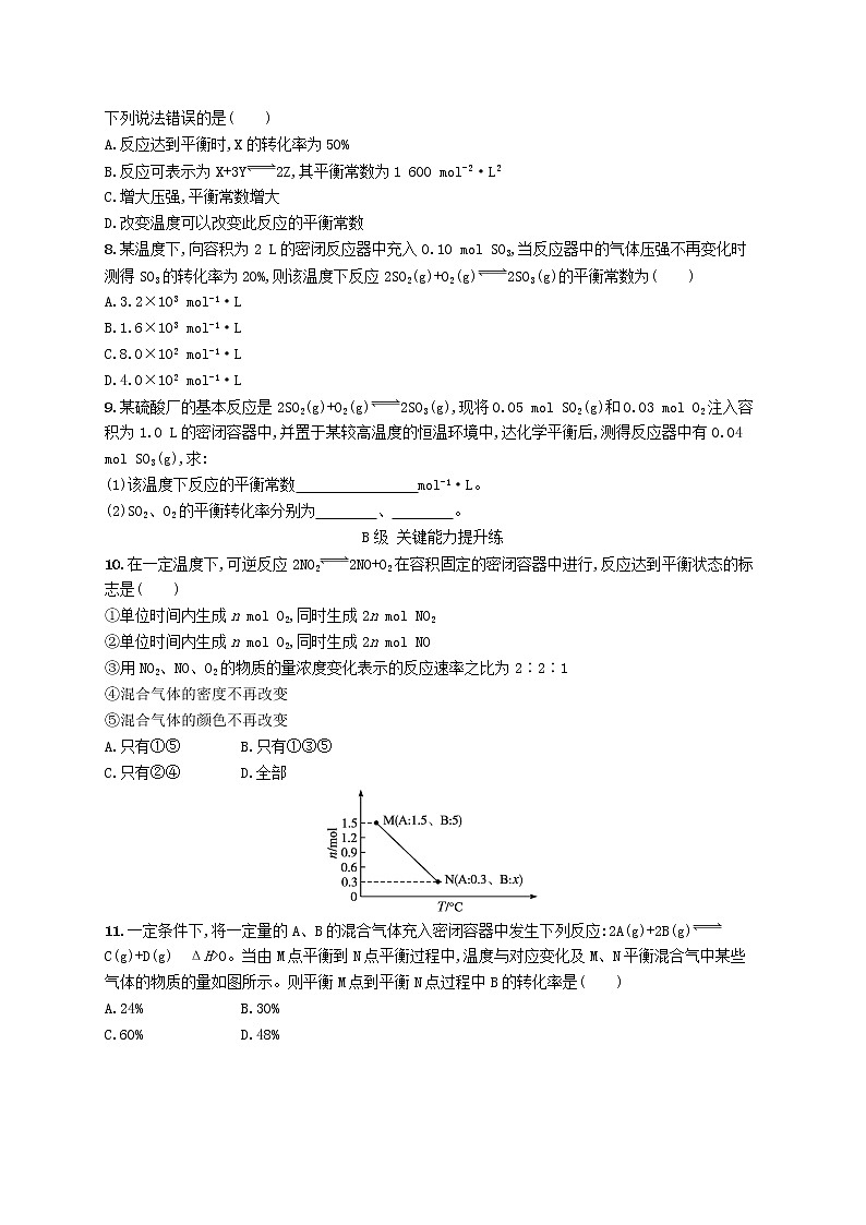 鲁科版高中化学选择性必修1第2章化学反应的方向限度与速率第2节化学反应的限度第1课时化学平衡常数平衡转化率课后习题含答案第2页