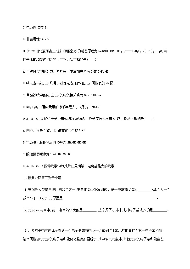 鲁科版高中化学选择性必修2第1章原子结构与元素性质第3节元素性质及其变化规律第2课时电离能与电负性课后习题含答案第3页