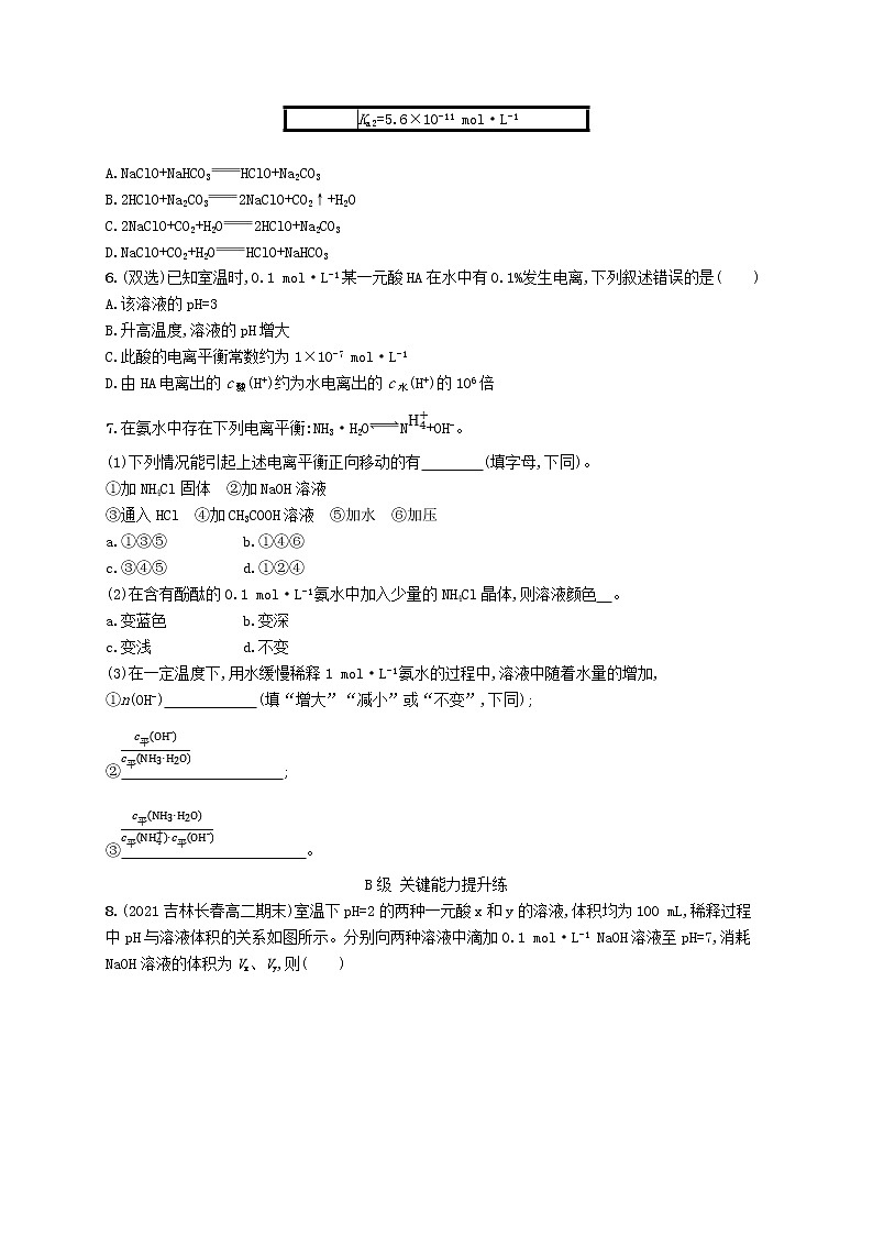 鲁科版高中化学选择性必修1第3章物质在水溶液中的行为第2节弱电解质的电离盐类的水解第1课时弱电解质的电离平衡课后习题含答案02