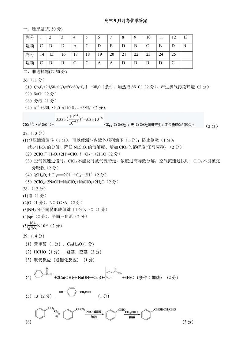 黑龙江省哈尔滨师范大学附属中学2022-2023学年高三9月月考化学答案第1页
