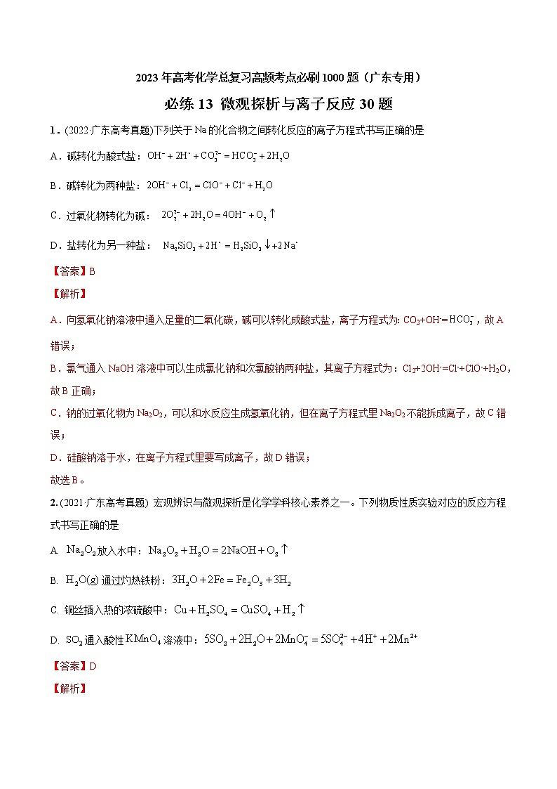 必练13 微观探析与离子反应30题- 2023年高考化学总复习高频考点必刷1000题（广东专用）01