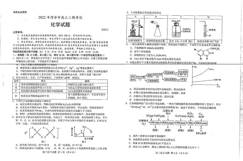 山东省菏泽市2022届高三下学期第二次模拟考试化学试题PDF版无答案第1页