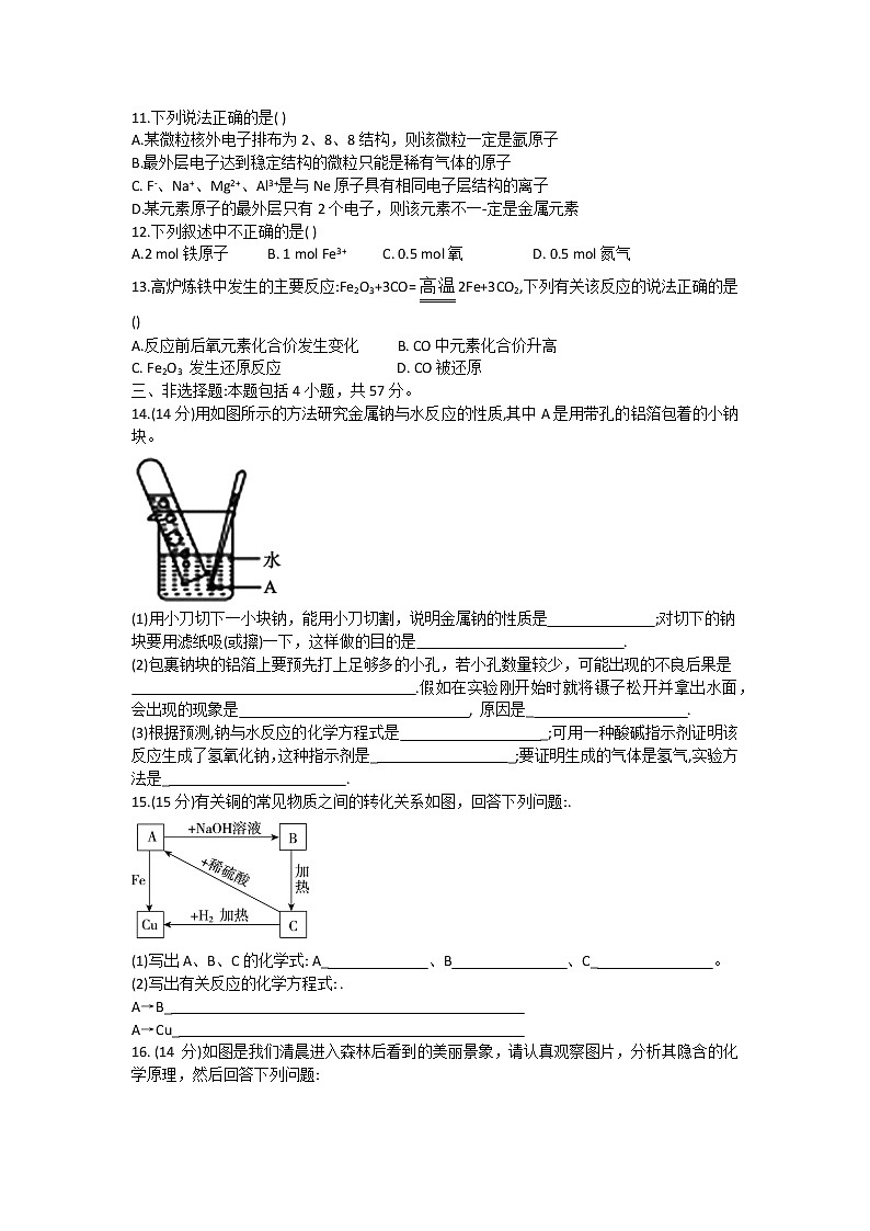 河北省石家庄市元氏县第四中学2022-2023学年高一上学期入学考试化学试卷（A）（含答案）02