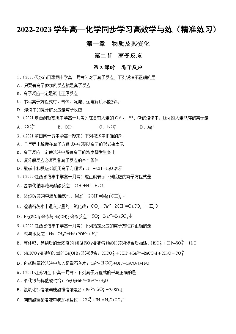 1.2.2 离子反应（精准练习）-2022-2023学年高一化学同步学习高效学与练（人教版2019必修第一册）（原卷版）第1页