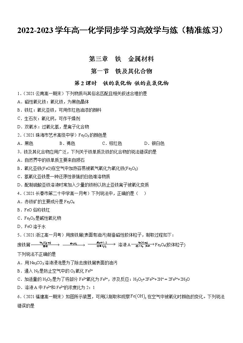 3.1.2 铁的氧化物 铁的氢氧化物（精准练习）-2022-2023学年高一化学同步学习高效学与练（人教版2019必修第一册）01