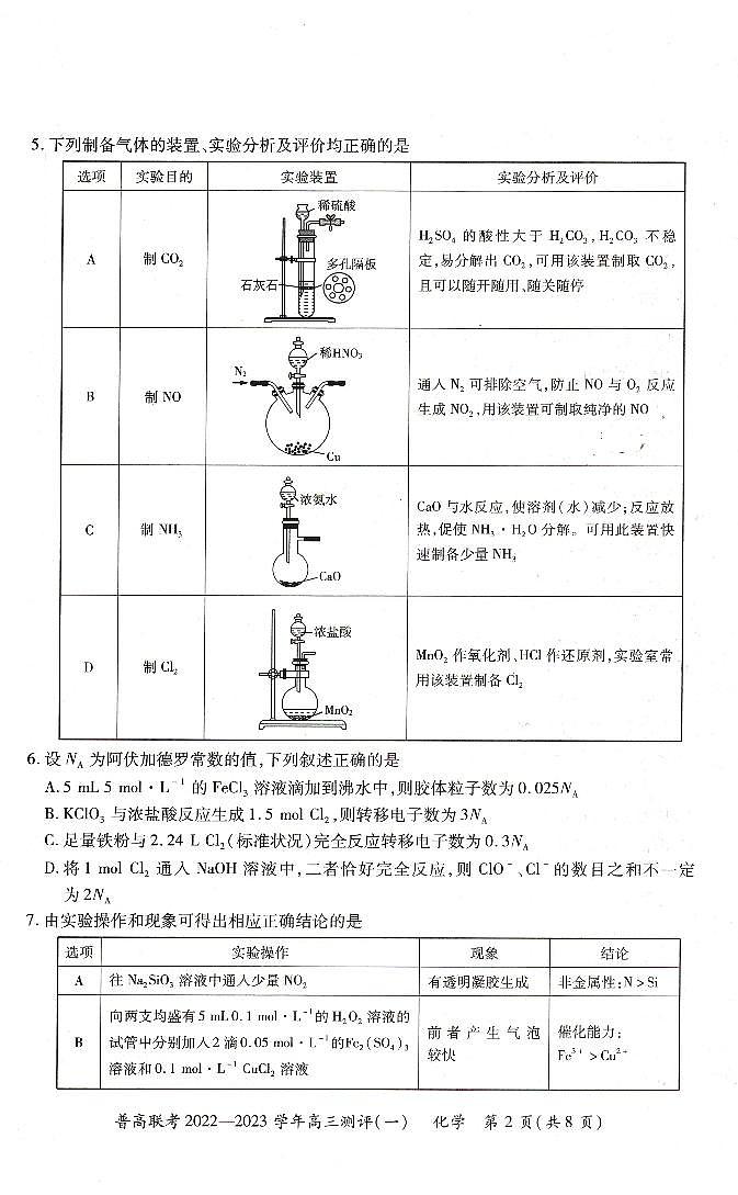 河南豫北名校普高联考2022-2023学年高三上学期第一次测评（一）化学试卷02
