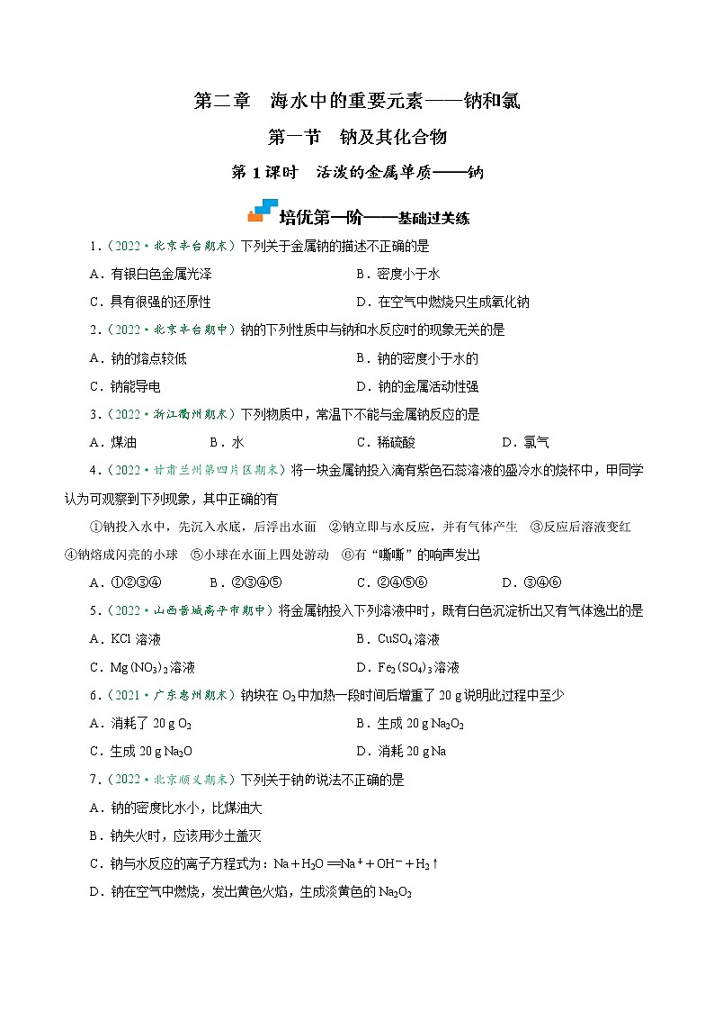 2.1.1 活泼的金属单质——钠-2022-2023学年高一化学上学期课后培优分级练（人教版2019必修第一册）01