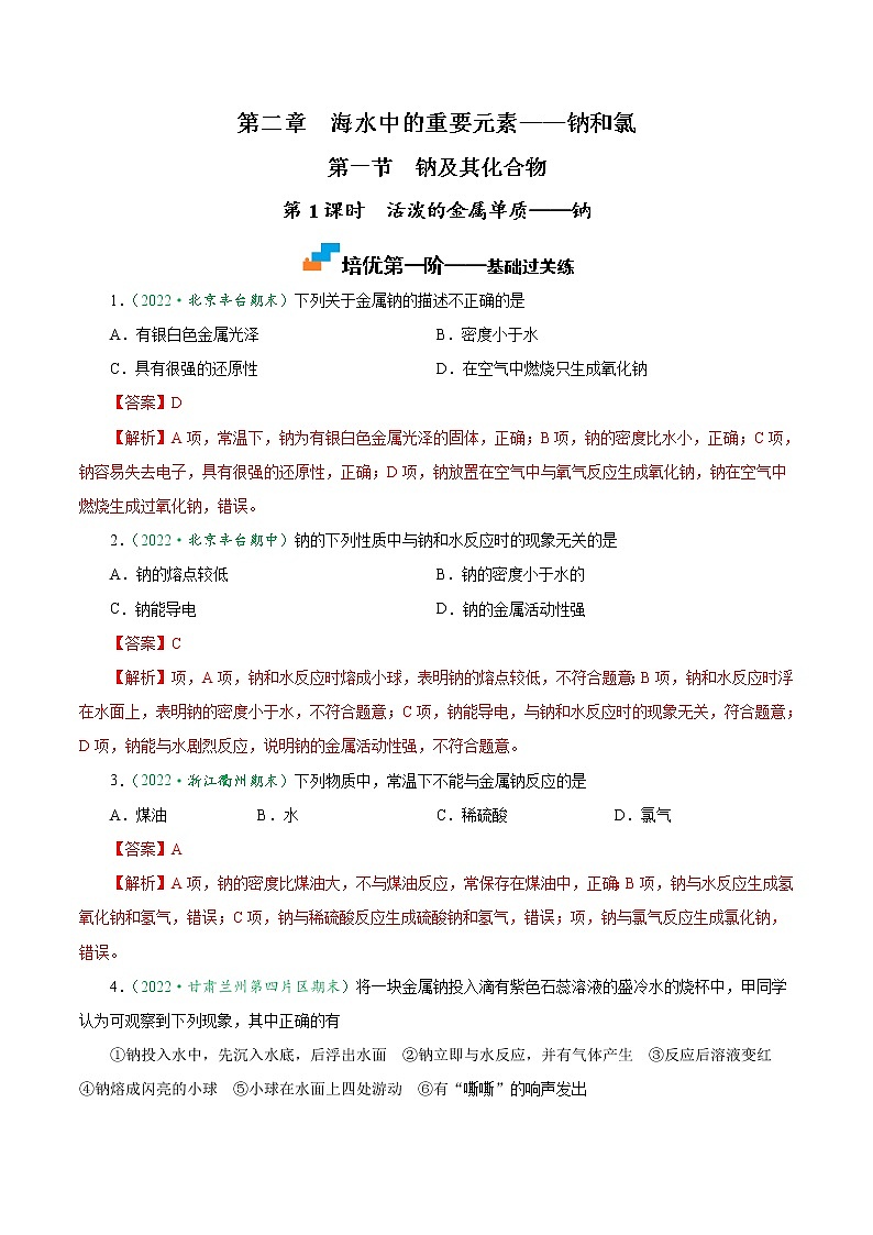 2.1.1 活泼的金属单质——钠-2022-2023学年高一化学上学期课后培优分级练（人教版2019必修第一册）01
