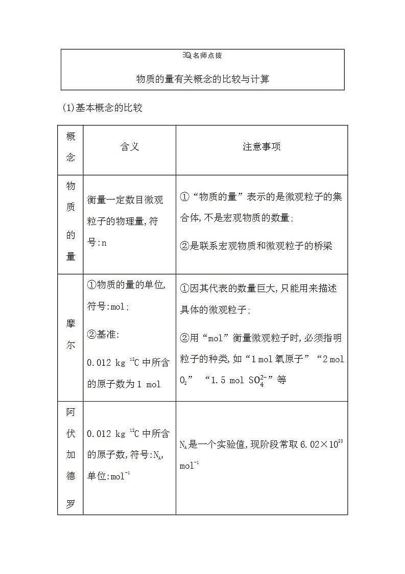 苏教版高中化学必修第一册专题1物质的分类及计量课时学案03