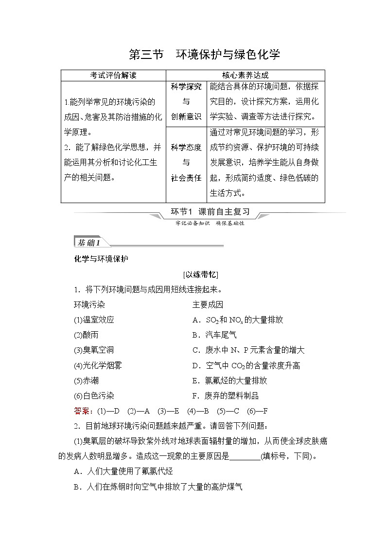 人教版高考化学一轮总复习第6章第3节环境保护与绿色化学课时学案第1页