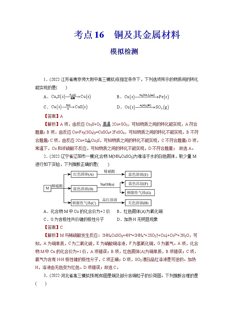 2023年高考化学一轮复习 考点16  铜及其金属材料 模拟测试 （原卷版）2023年高考化学一轮复习第1页